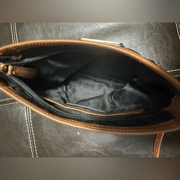 Michael Kors Kempton Black Nylon Tan Leather Gold Tone Lock Crossbody Bag Purse - Picture 6 of 6